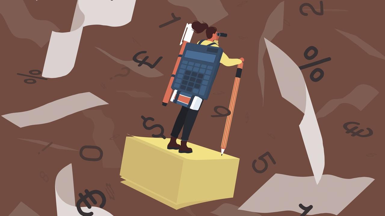 Die Illustration zeigt eine Frau mit einem Taschenrechner als Rucksack, gestützt auf einen Bleistift als Wanderstock steht sie auf einem gelben Post-it-Zettelblock und schaut durch ein Fernglas auf umher fliegende Zettel, Ziffern und Symbole für verschiedene Währungen. Die Illustration zeigt eine Frau mit einem Taschenrechner als Rucksack, gestützt auf einen Bleistift als Wanderstock steht sie auf einem gelben Post-it-Zettelblock und schaut durch ein Fernglas auf umher fliegende Zettel, Ziffern und Symbole für verschiedene Währungen.