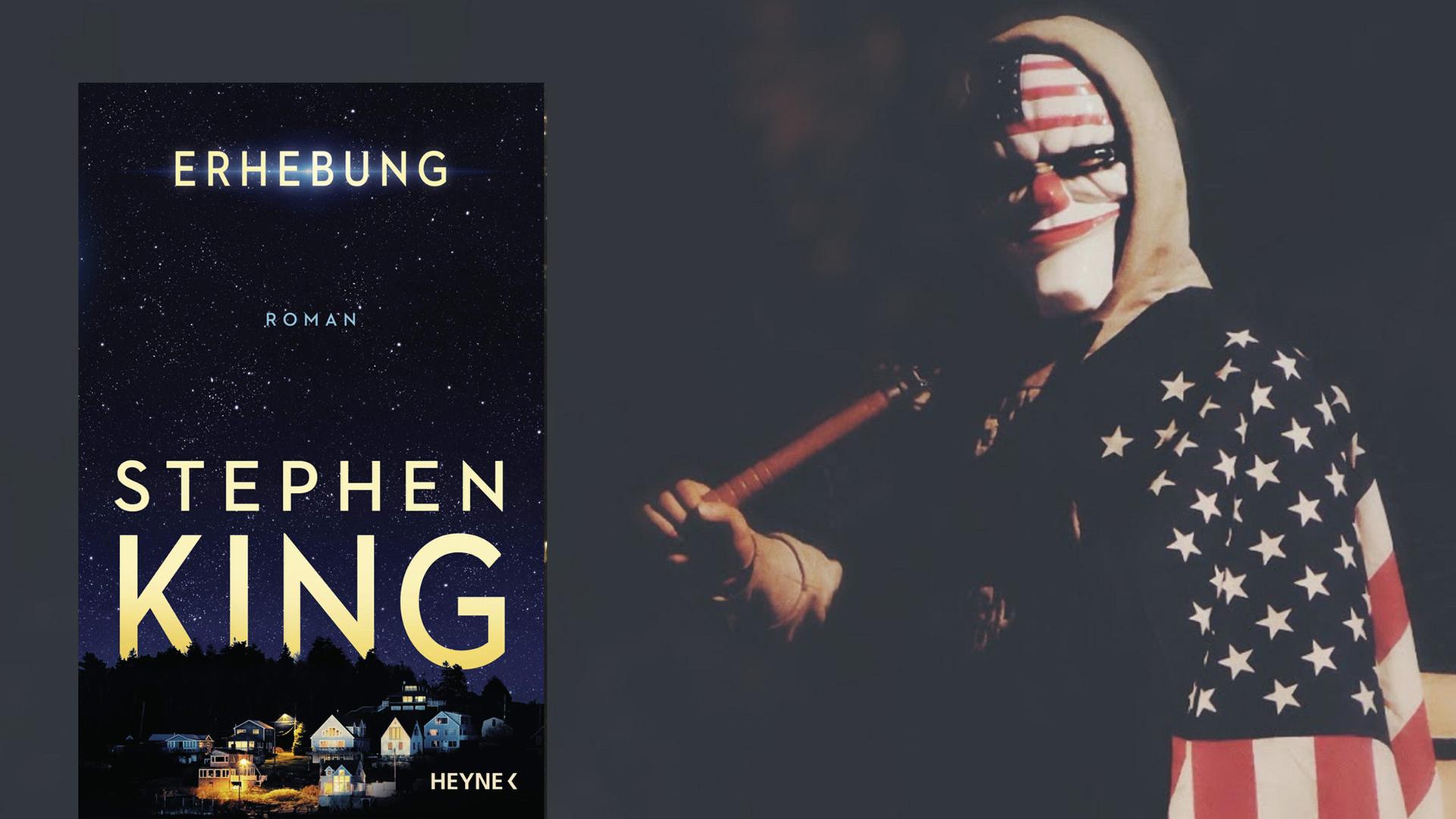 Cover von Stephen Kings Roman "Erhebung". Im Hintergrund ist ein bedrohlich wirkender Mann mit Baseballschläger zu sehen, der Eine bösartige Clownsartige-Maske trägt und eine US-Flagge um die Schultern gelegt hat.
