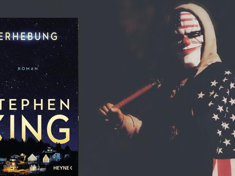 Cover von Stephen Kings Roman "Erhebung". Im Hintergrund ist ein bedrohlich wirkender Mann mit Baseballschläger zu sehen, der Eine bösartige Clownsartige-Maske trägt und eine US-Flagge um die Schultern gelegt hat.