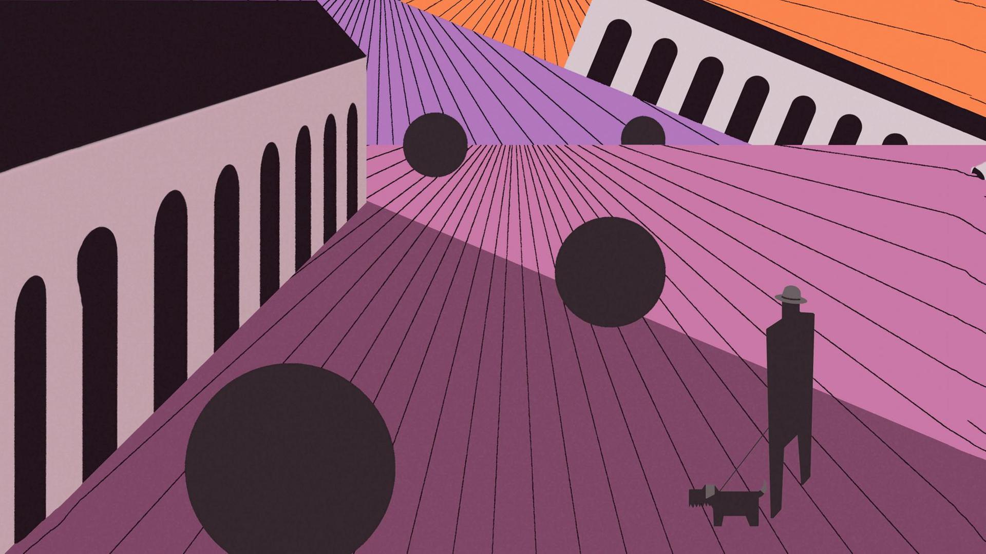 Illustration: Eine Person mit Hund geht in surrealer geometrischer Landschaft spazieren. Illustration: Eine Person mit Hund geht in surrealer geometrischer Landschaft spazieren.