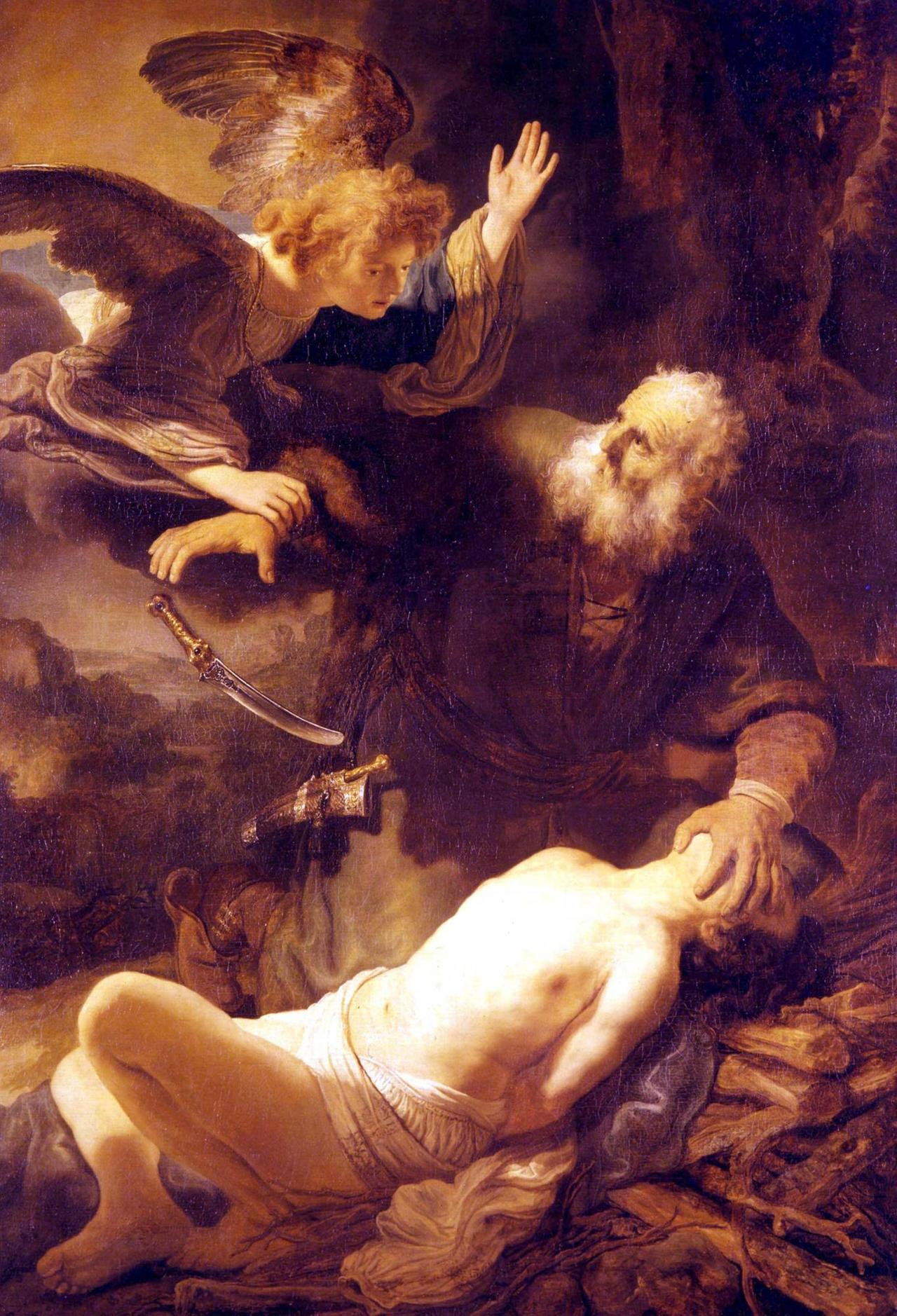 Das Gemälde "Die Opferung Isaaks" ist eines der frühen Werke Rembrandts und zeigt den Engel, der Abraham davon abhält, seinen Sohn Isaak zu schlachten Das Gemälde "Die Opferung Isaaks" ist eines der frühen Werke Rembrandts und zeigt den Engel, der Abraham davon abhält, seinen Sohn Isaak zu schlachten