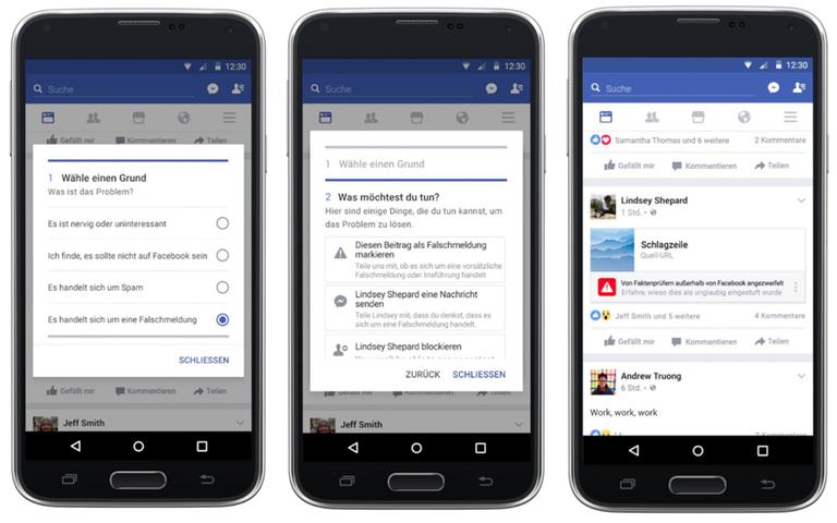 Zu sehen sind dreu Smartphones, auf den Bildschirmen wird die Meldung einer Falschnachricht in zwei Schritten gezeigt, der dritte Bildschirm zeigt ein Posting mit Warnhinweis Zu sehen sind dreu Smartphones, auf den Bildschirmen wird die Meldung einer Falschnachricht in zwei Schritten gezeigt, der dritte Bildschirm zeigt ein Posting mit Warnhinweis