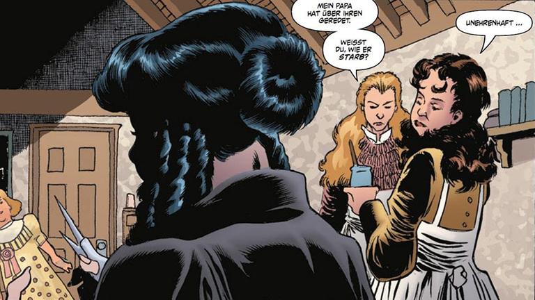 Szene aus dem Comic "Daphne Byrne" von Joe Hill. Frauen stehen in einem Raum und unterhalten sich. Szene aus dem Comic "Daphne Byrne" von Joe Hill. Frauen stehen in einem Raum und unterhalten sich.