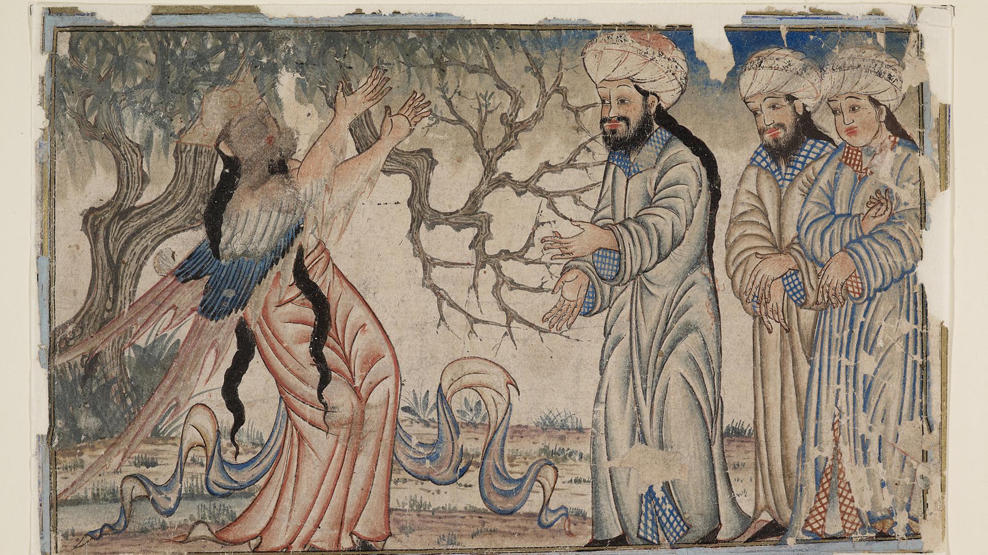 Ein Engel begegnet drei Männern: Aus dem Diez-Album, Iran, erste Hälfte des 14. Jahrhunderts.