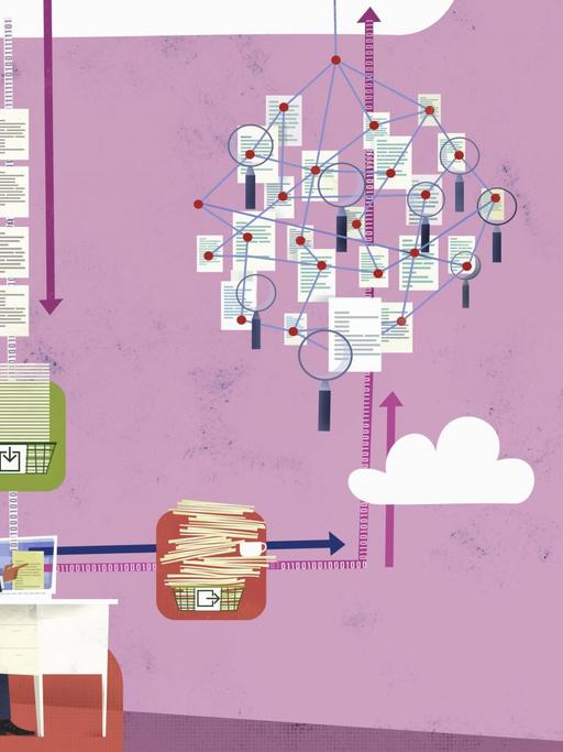 Illustration: Eine Person sortiert Akten in der Cloud.