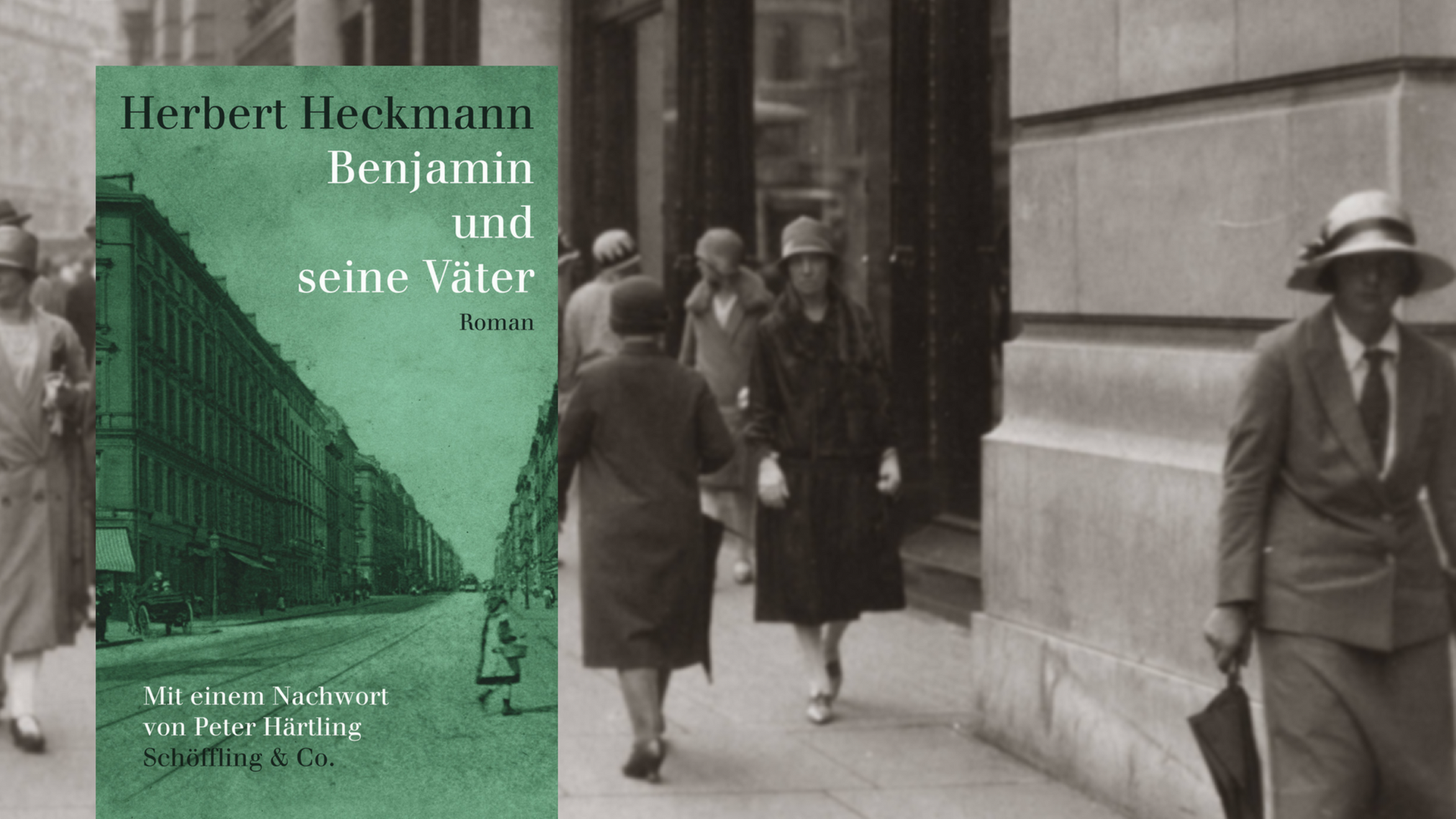 Herbert Heckmann: "Benjamin und seine Väter". Im Hintergrund: eine Straßenszene in den 20er-Jahren. Herbert Heckmann: "Benjamin und seine Väter". Im Hintergrund: eine Straßenszene in den 20er-Jahren.