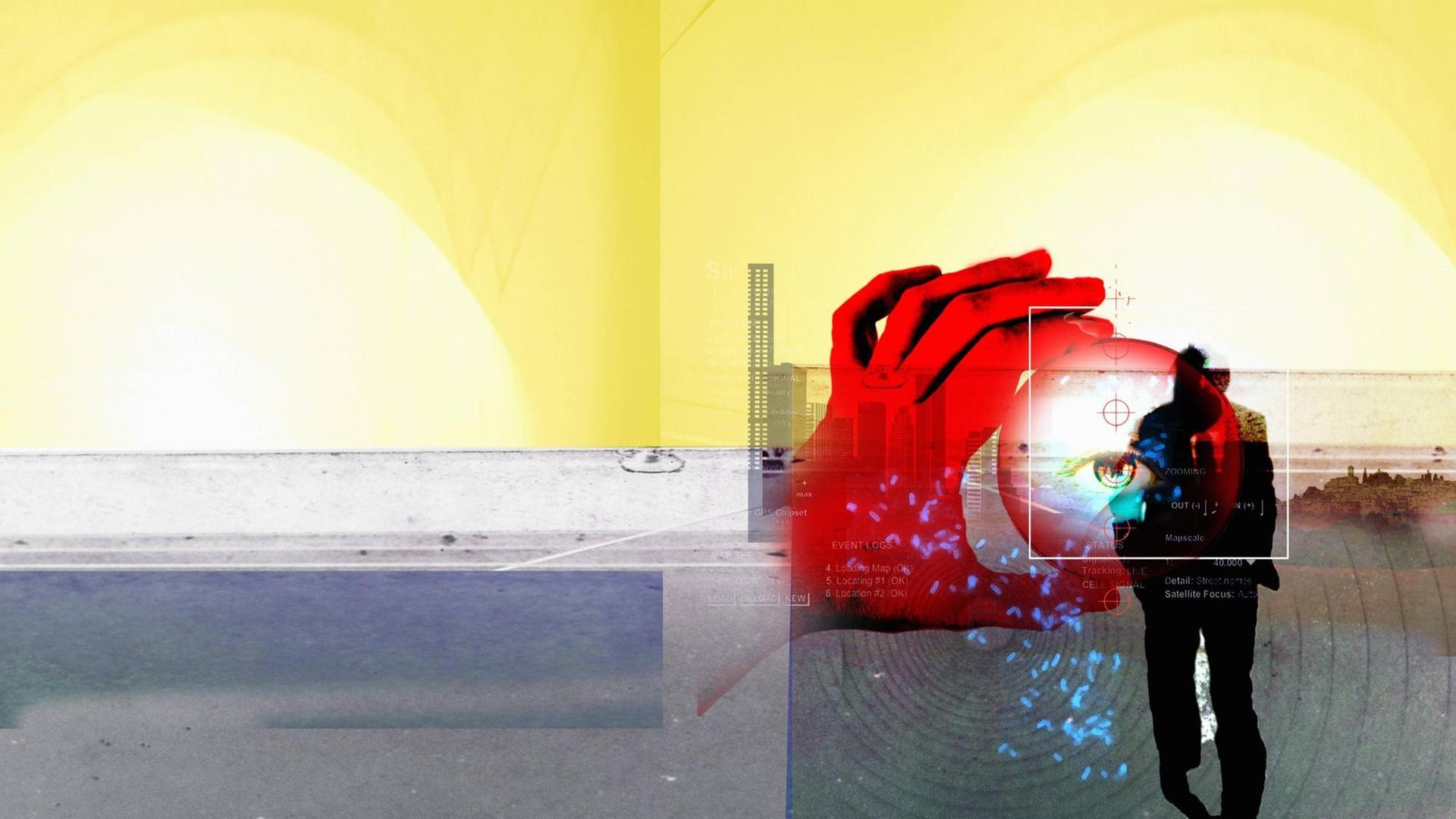 Abstrakte Illustration mit Lupe, Auge und farblichen Hervorhebungen in gelb und rot. Abstrakte Illustration mit Lupe, Auge und farblichen Hervorhebungen in gelb und rot.