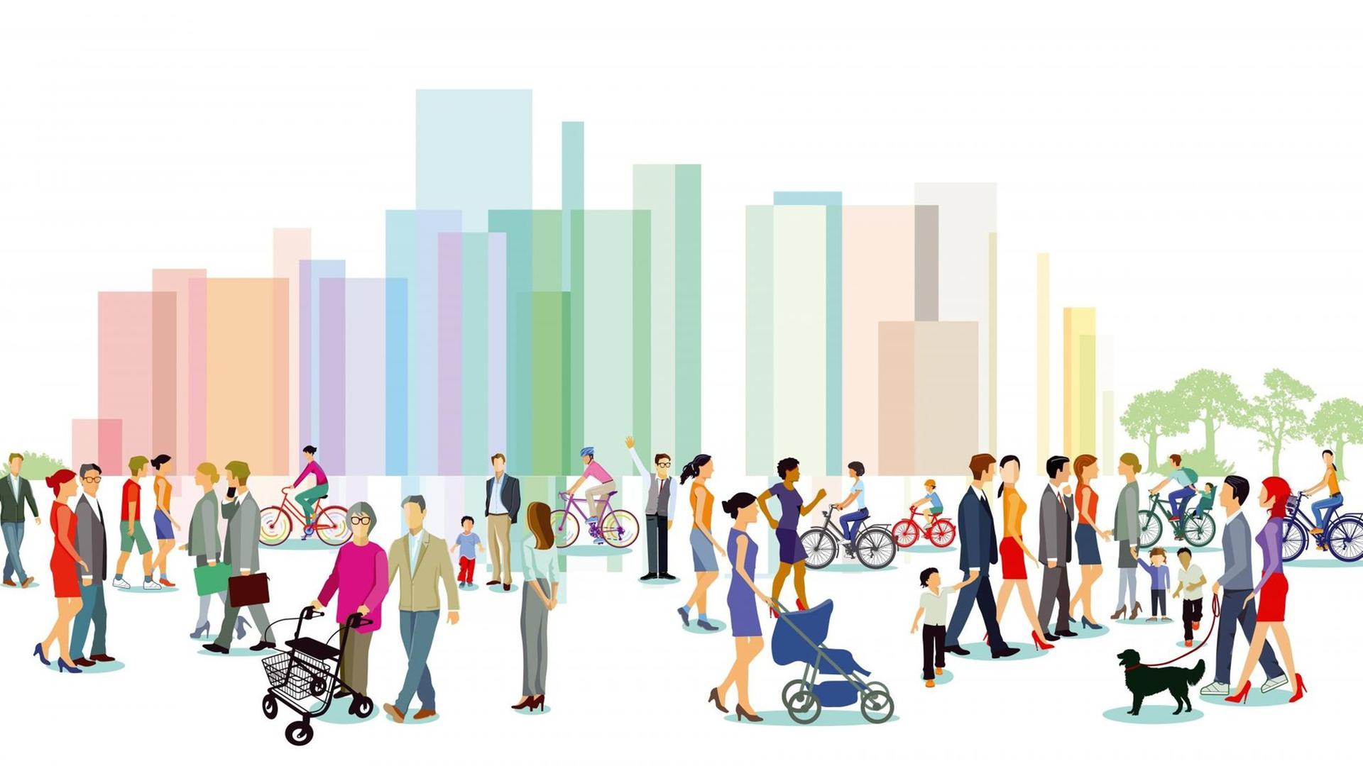 Eine Illustration zeigt viele verschiedene Menschen, stellvertretend für die unterschiedlichsten Identitäten im urbanen Raum. Eine Illustration zeigt viele verschiedene Menschen, stellvertretend für die unterschiedlichsten Identitäten im urbanen Raum.