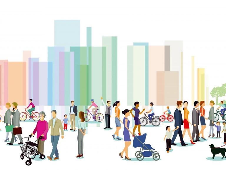 Eine Illustration zeigt viele verschiedene Menschen, stellvertretend für die unterschiedlichsten Identitäten im urbanen Raum.