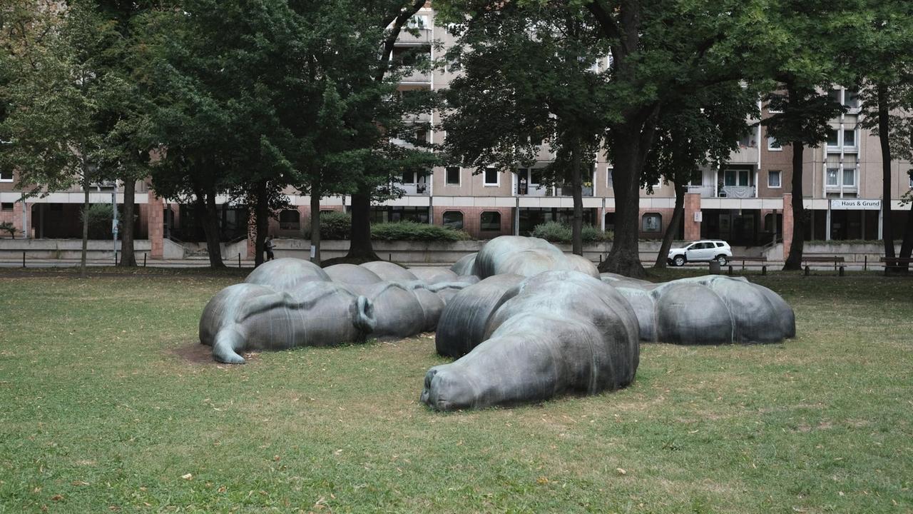 Eine organischförmige Skulptur liegt auf einer Wiese in einem Park in Chemnitz. Eine organischförmige Skulptur liegt auf einer Wiese in einem Park in Chemnitz.