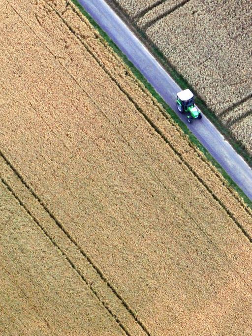 Blick aus einem Heissluftballon auf Getreidefelder bei Limburg, zwischen denen ein Traktor fährt, aufgenommen am 22.07.2008.