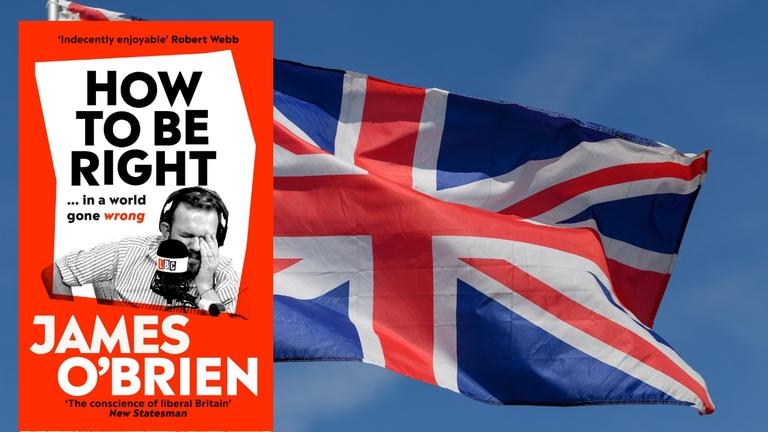 Buchcover von James O'Brien: "How to be right in a world gone wrong". Der Atuor ist auf dem Cover mit einem Mikrofon des britischen Radiosenders LBC zu sehen. Im Hintergrund die Flagge von Großbritannien, der Union Jack.