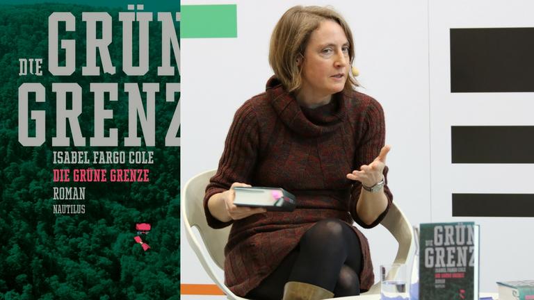 Buchcover Isabel Fargo Cole: Die grüne Grenze und ein Foto der Autorin auf der Frankfurter Buchmesse 2017 Buchcover Isabel Fargo Cole: Die grüne Grenze und ein Foto der Autorin auf der Frankfurter Buchmesse 2017