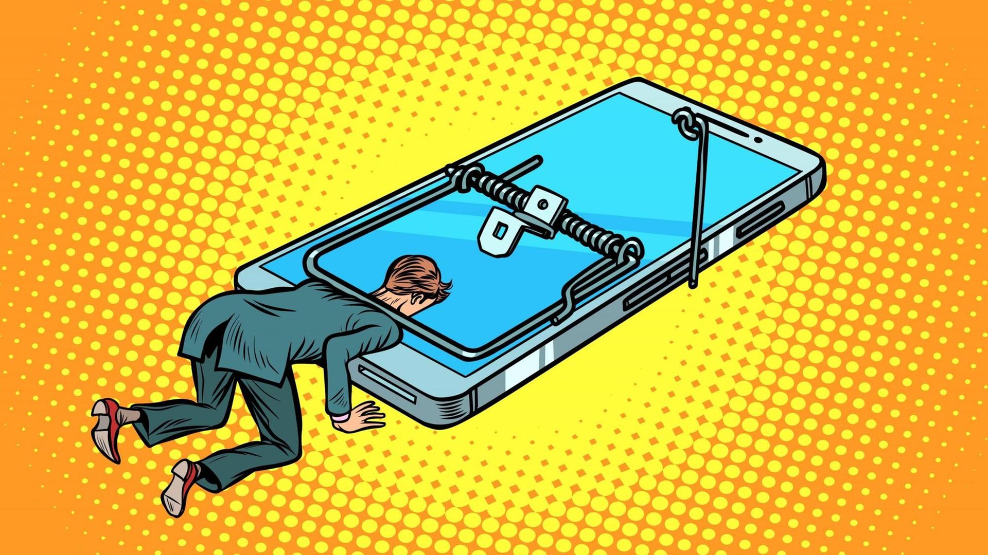 Eine Illustration zeigt einen Mann, der von einer Mausefalle in der Form eines Smartphones gefangen ist. Eine Illustration zeigt einen Mann, der von einer Mausefalle in der Form eines Smartphones gefangen ist.