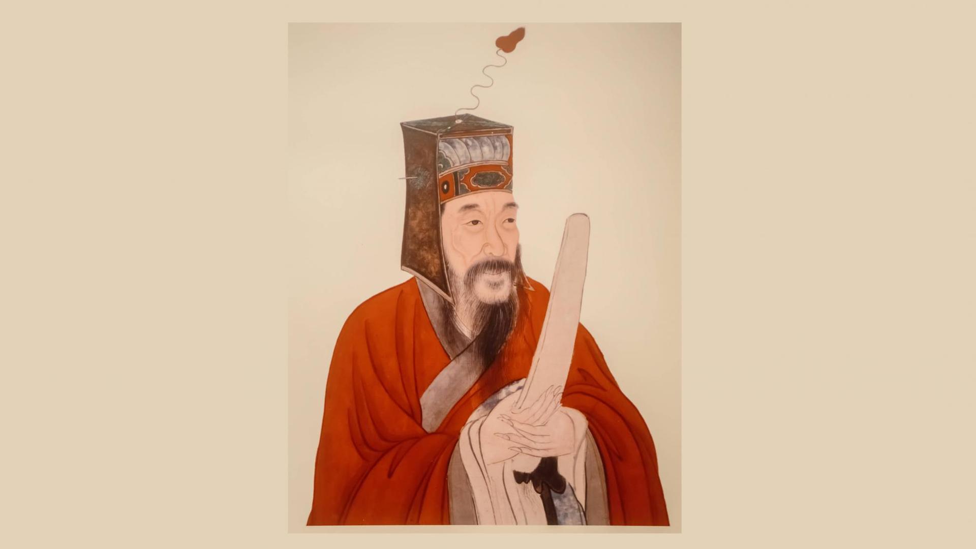 Bildnis von Wang Shouren; er trägt einen roten Umhang.