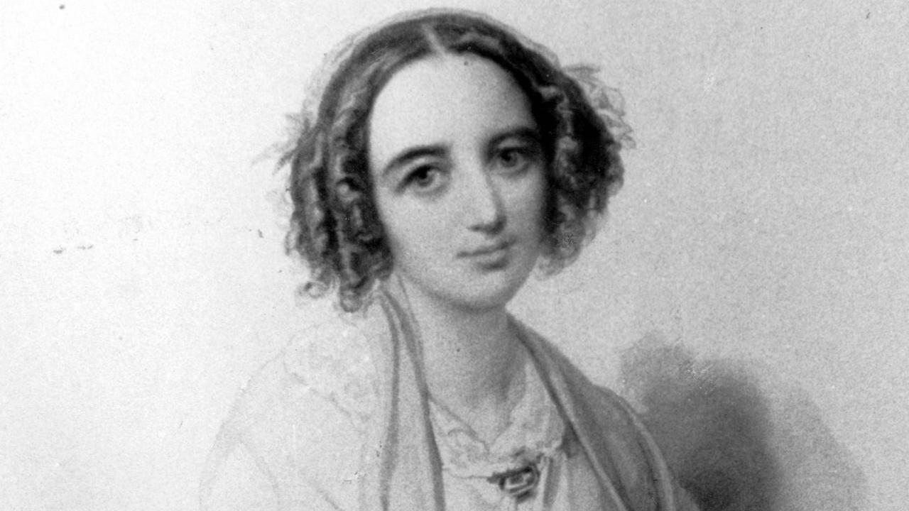 Zeichnung einer jungen Frau mit dunklen Locken und großen Augen, die sanft lächelt. Zeichnung einer jungen Frau mit dunklen Locken und großen Augen, die sanft lächelt.