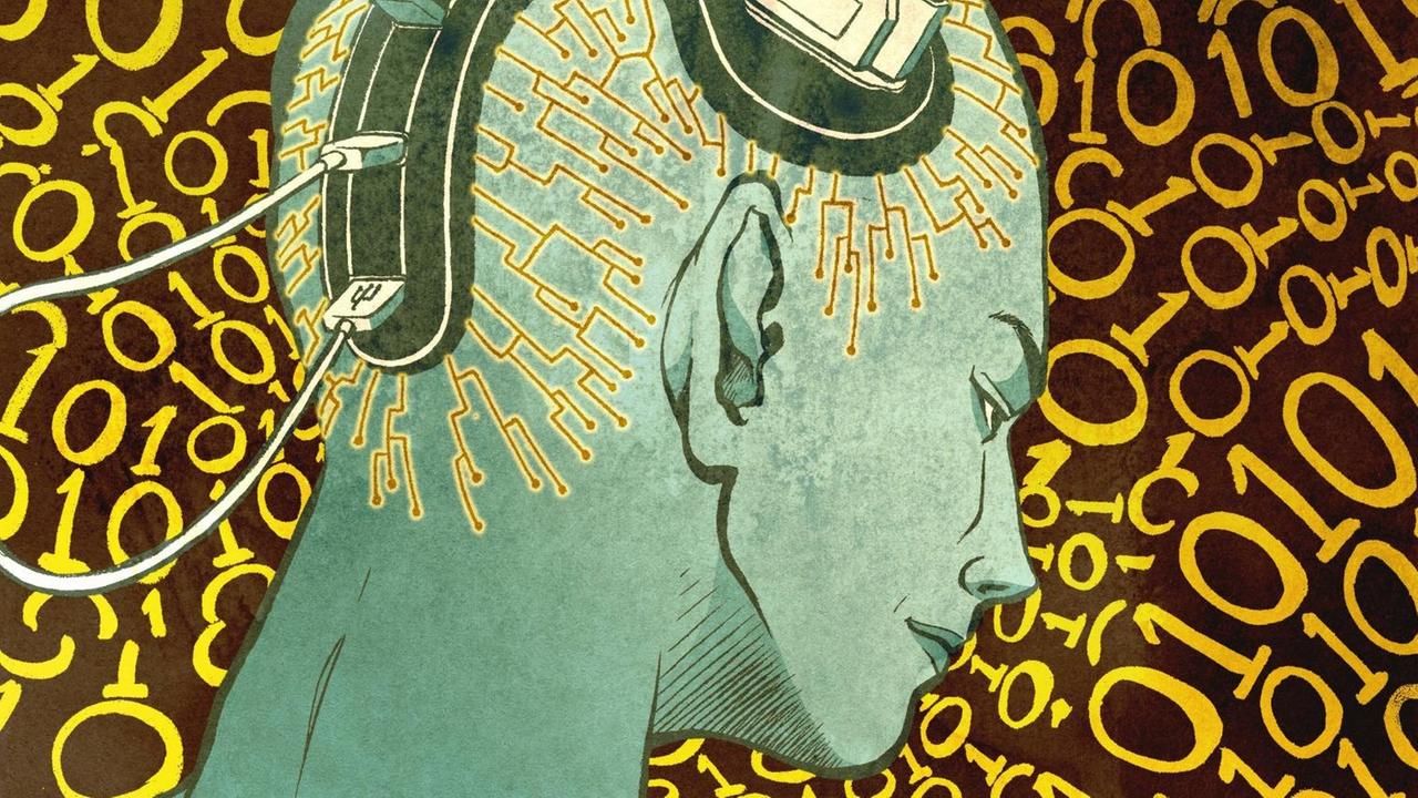 Illustration einer Person, deren nackter Kopf mit Computeranschlüssen verkabelt ist. Illustration einer Person, deren nackter Kopf mit Computeranschlüssen verkabelt ist.