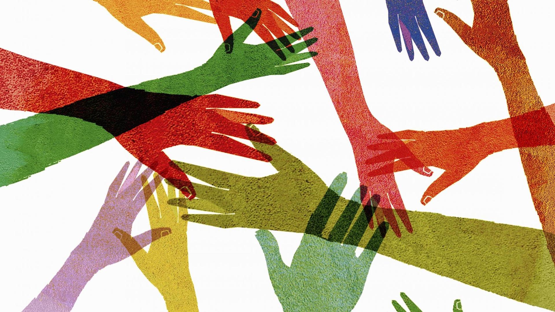Illustration überlappender mehrfarbiger ausgestreckter Hände. Illustration überlappender mehrfarbiger ausgestreckter Hände.