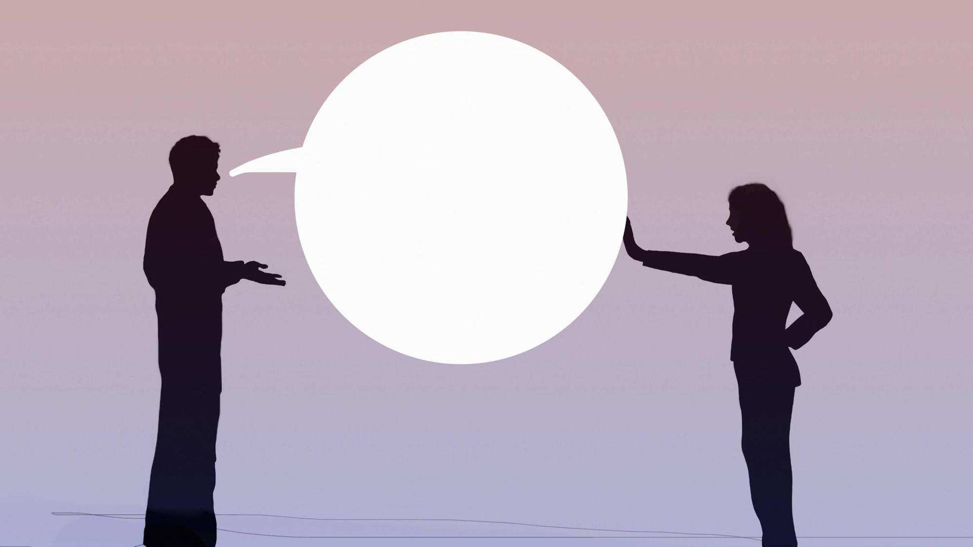 Illustration einer Frau, die die Hand hochhält und einen Mann zum Schweigen bringt. Illustration einer Frau, die die Hand hochhält und einen Mann zum Schweigen bringt.