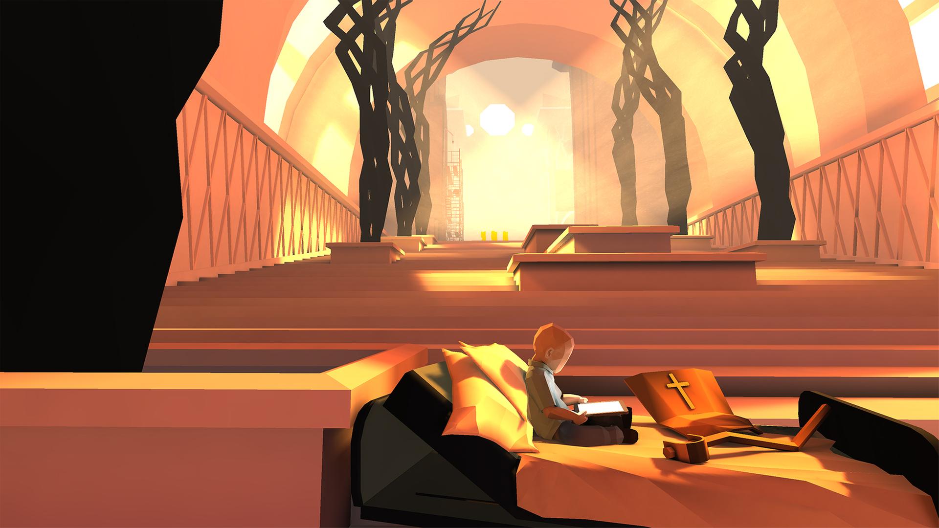 Im Still aus "That Dragon, Cancer" liest der Spieleprotagonist etwas auf seinem Tablet, umgeben von religiösen Symbolen. Im Still aus "That Dragon, Cancer" liest der Spieleprotagonist etwas auf seinem Tablet, umgeben von religiösen Symbolen.