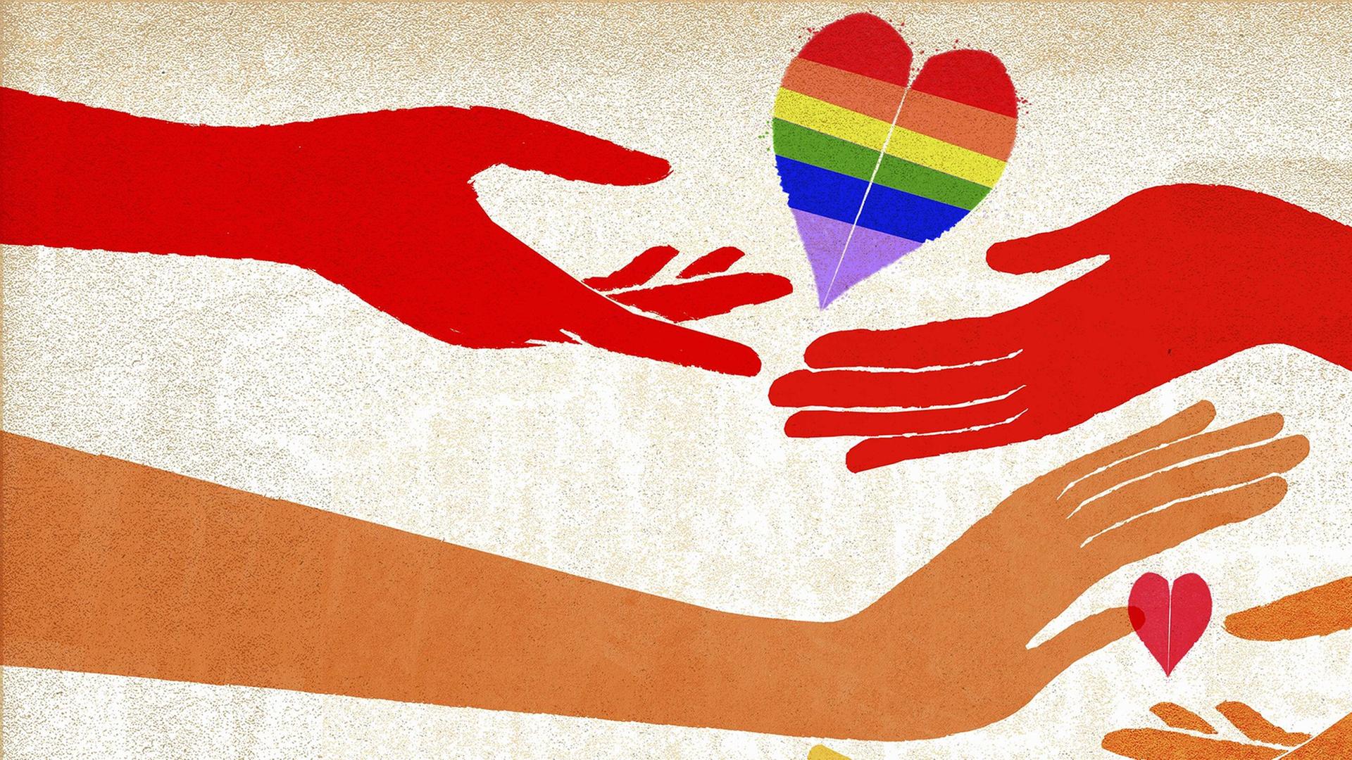Hände und Herz in Form einer Regenbogenfahne Hände und Herz in Form einer Regenbogenfahne