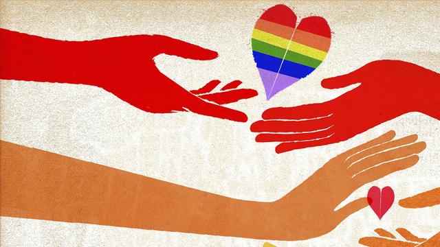 Hände und Herz in Form einer Regenbogenfahne