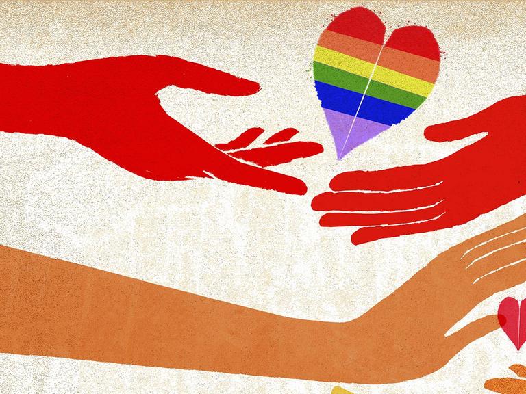 Hände und Herz in Form einer Regenbogenfahne