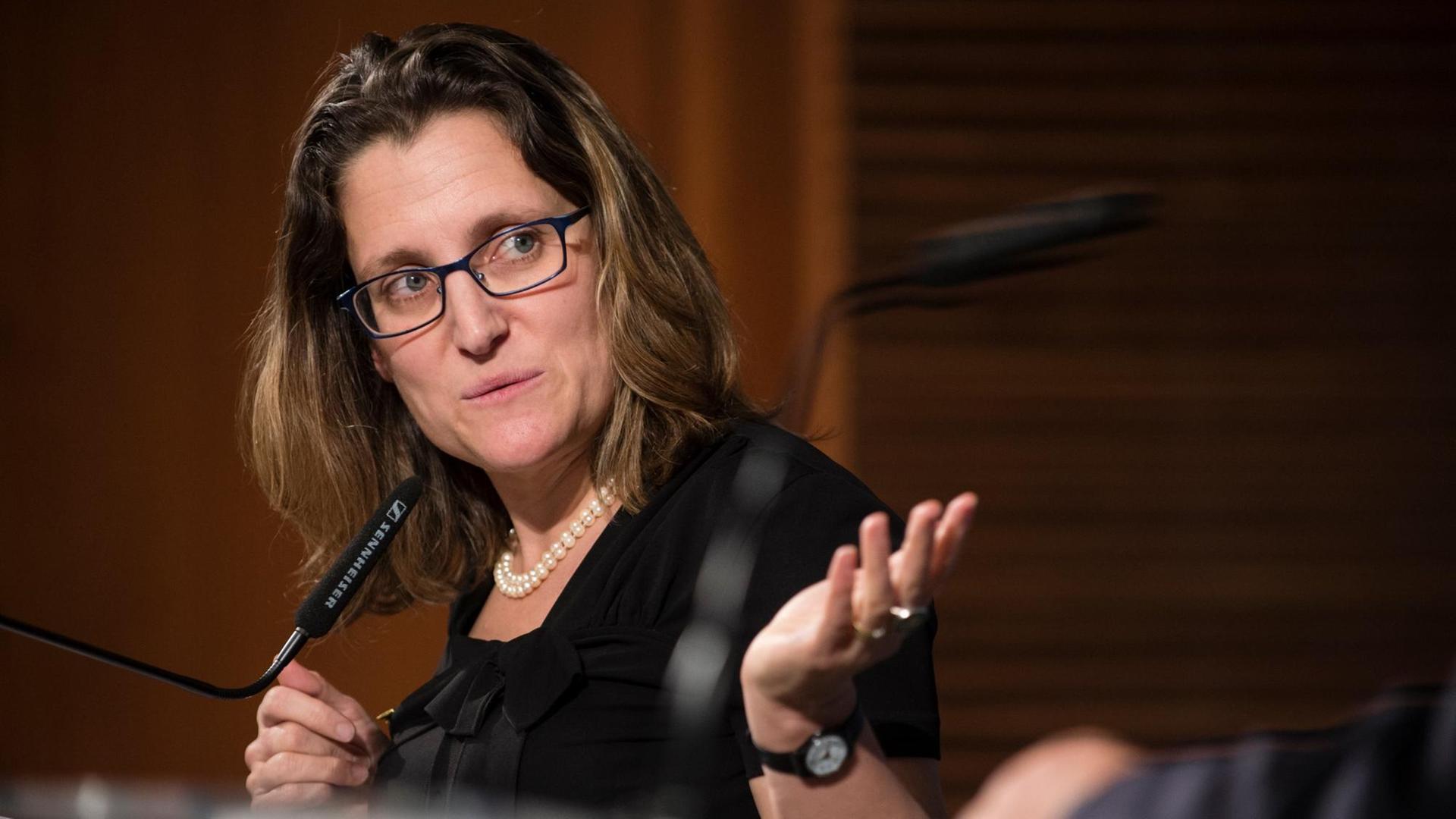 Chrystia Freeland spricht bei einer Pressekonferenz Chrystia Freeland spricht bei einer Pressekonferenz