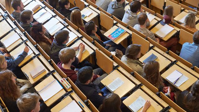 Studenten sitzen in einem Hörsaal der Universität Koblenz-Landau. 