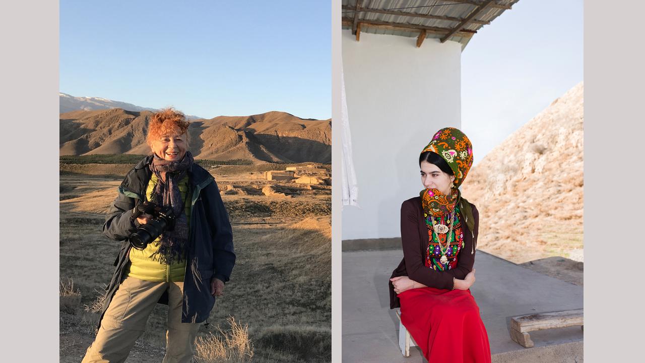 Ein Porträt von der Fotografin Herline Koelbl, aufgenommen in Turkmenistan, und eine Frau in turkmenischer Alltagstracht in Neu-Nisa Ein Porträt von der Fotografin Herline Koelbl, aufgenommen in Turkmenistan, und eine Frau in turkmenischer Alltagstracht in Neu-Nisa