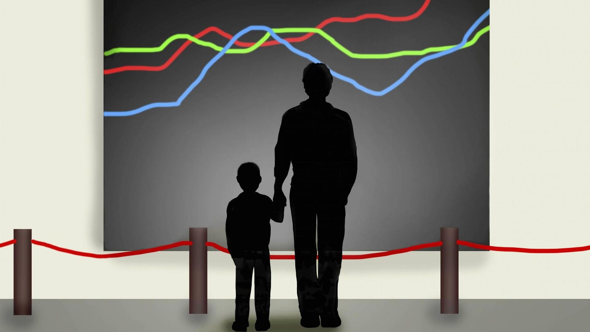 Eine Illustration: Vater und Sohn schauen auf Gemälde von Liniendiagrammen in einer Kunstgalerie. Eine Illustration: Vater und Sohn schauen auf Gemälde von Liniendiagrammen in einer Kunstgalerie.