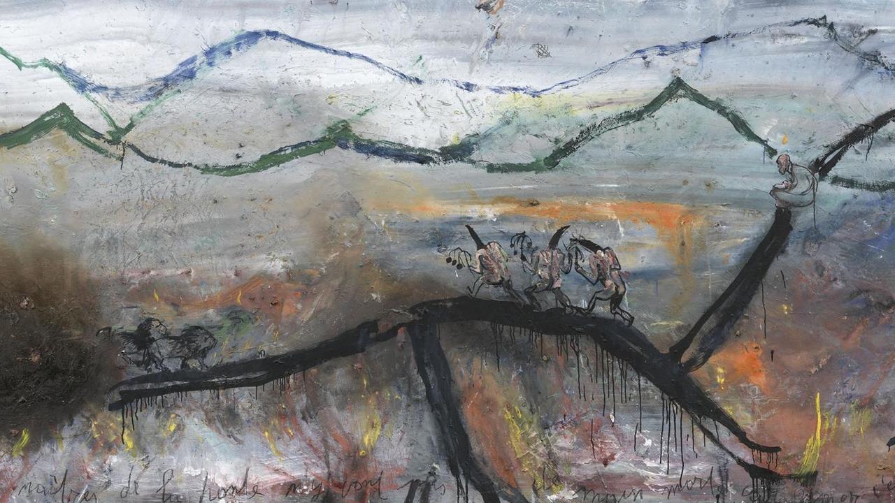Philippe Vandenberg (1952–2009) Aimer c'est flageller I / Zu lieben heißt zu geißeln I / To Love is to Flagellate I, 1981–1998 Öl und Kohle auf Leinwand / Oil and charcoal on canvas, 152 x 302 cm Philippe Vandenberg (1952–2009) Aimer c'est flageller I / Zu lieben heißt zu geißeln I / To Love is to Flagellate I, 1981–1998 Öl und Kohle auf Leinwand / Oil and charcoal on canvas, 152 x 302 cm