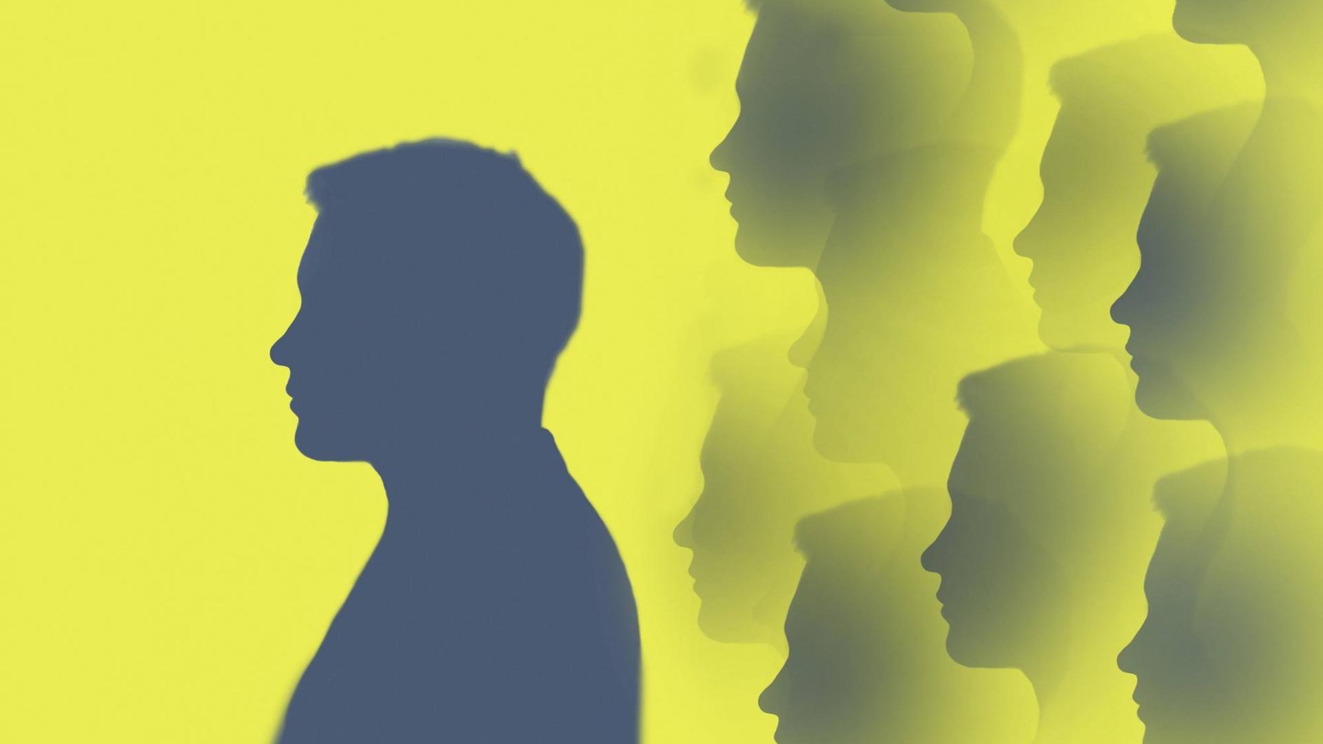 Eine Illustration zeigt die Silhouette eines Mannes mit mehreren Bildern von sich selbst hinter sich. Eine Illustration zeigt die Silhouette eines Mannes mit mehreren Bildern von sich selbst hinter sich.