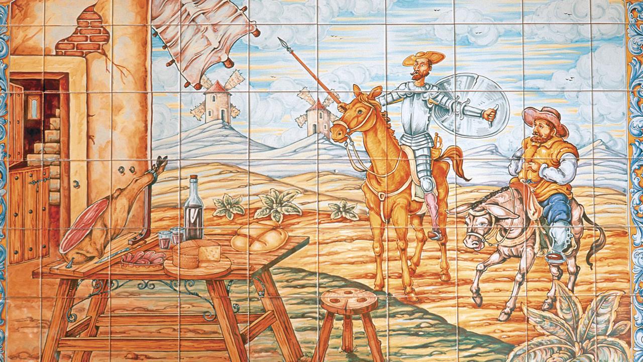 Kachelbild mit einer Szene aus Cervantes' "Der sinnreiche Junker Don Quijote von der Mancha" in einem Cafe in Templeque in der spanischen Region Kastilien-La Mancha. Kachelbild mit einer Szene aus Cervantes' "Der sinnreiche Junker Don Quijote von der Mancha" in einem Cafe in Templeque in der spanischen Region Kastilien-La Mancha.
