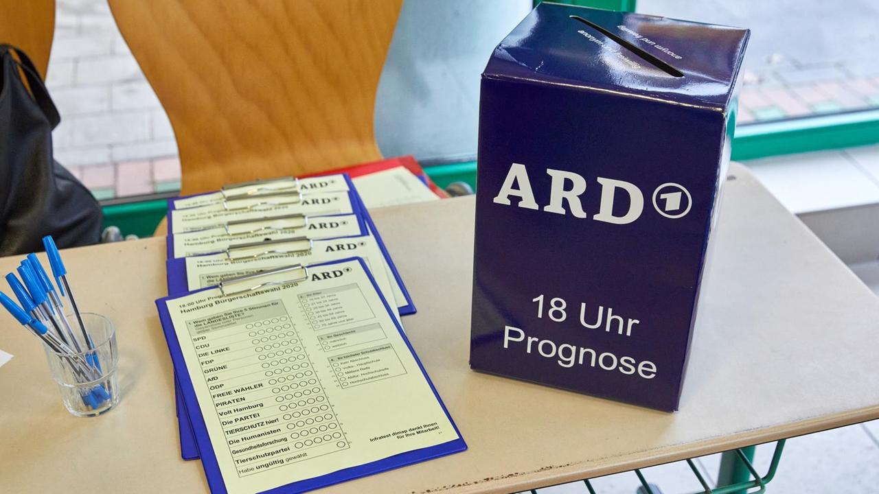 Eine Kiste mit der Aufschrift "ARD - 18 Uhr Prognose" steht auf einem Tisch neben Fragebögen und Stiften Eine Kiste mit der Aufschrift "ARD - 18 Uhr Prognose" steht auf einem Tisch neben Fragebögen und Stiften