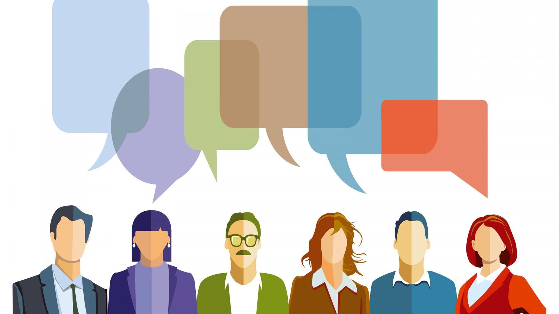 Illustration: Diskussion in einer Gruppe von verschiedenen Menschen mit leeren Sprechblasen. Illustration: Diskussion in einer Gruppe von verschiedenen Menschen mit leeren Sprechblasen.