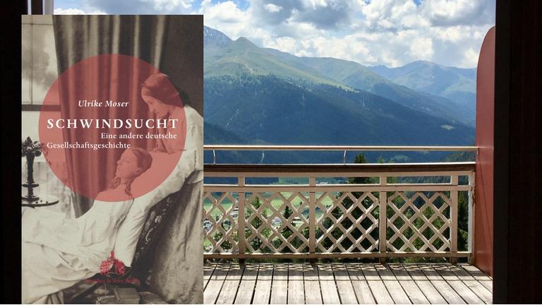 Ulrikes Mosers Buch "Schwindsucht" vor der Ausblick auf die Alpen in Davos