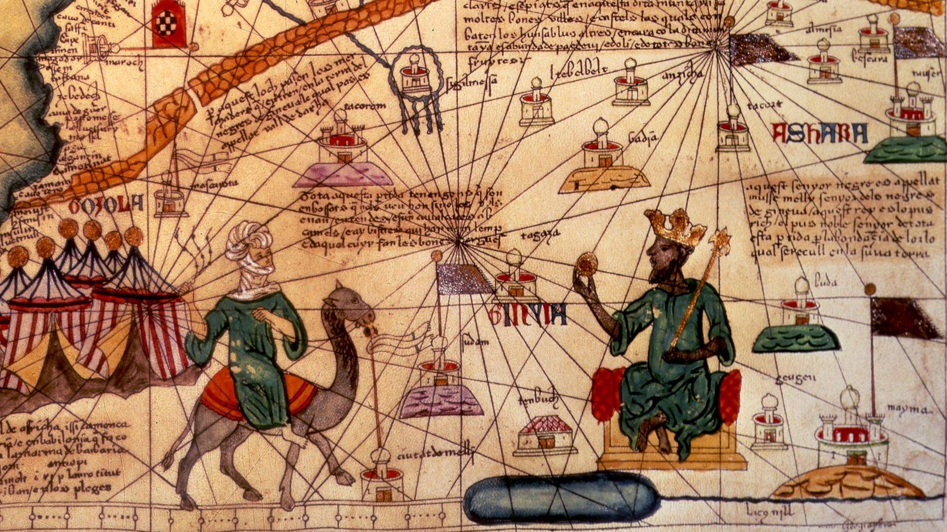 Der Ausschnitt aus einer Reproduktion des "Katalanischen Atlas" von 1375 zeigt den König von Mali, Mansa Musa, auf einem Thron sitzend Der Ausschnitt aus einer Reproduktion des "Katalanischen Atlas" von 1375 zeigt den König von Mali, Mansa Musa, auf einem Thron sitzend