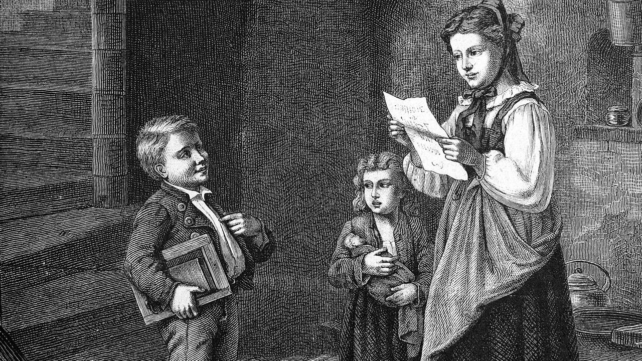 Junge zeigt seiner Mutter das Zeugnis. Historischer Holzstich von 1886. Junge zeigt seiner Mutter das Zeugnis. Historischer Holzstich von 1886.