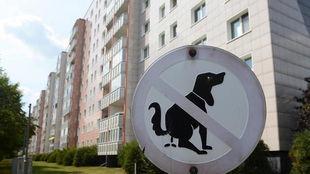 Ein Schild vor einem Wohnhaus weist darauf hin, dass Hundebesitzer den Kot ihrer Tiere aufsammeln und dass die Wiese kein Hundeklo ist.
