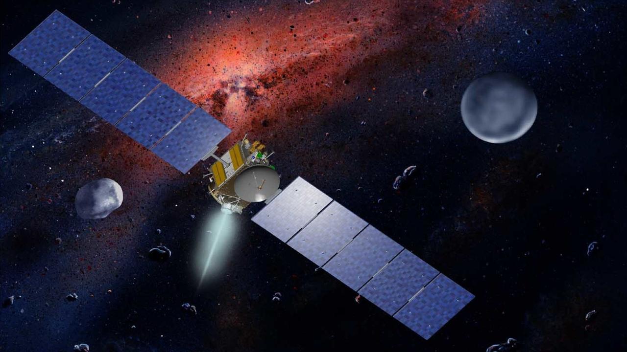 Beim Start der US-amerikanischen Raumfahrtsonde «Dawn» (künstlerische Darstellung mit den Protoplaneten Ceres und Vista im Asteroidengürtel) an diesem Samstag (07.07.2007) in Cape Canaveral sind auch zwei Hochleistungscomputer der Technischen Universität Braunschweig an Bord. Ziel der Mission sei die Erkundung von zwei der größten Planetenvorläufer im Asteroidengürtel, Ceres und Vesta, teilte die Universität mit. Die Protoplaneten weisen ähnliche Eigenschaften wie in den ersten Millionen Jahren des Sonnensystems auf. Die Braunschweiger Kompaktrechner sollen dafür sorgen, dass die Sonde genaue Bilder und Daten erstellen und zur Bodenstation sendet. «Dawn» soll Vesta im Oktober 2011 und Ceres im Februar 2015 erreichen. Computergrafik: William K. Hartmann Courtesy of UCLA dpa +++(c) dpa - Report+++ | Verwendung weltweit Beim Start der US-amerikanischen Raumfahrtsonde «Dawn» (künstlerische Darstellung mit den Protoplaneten Ceres und Vista im Asteroidengürtel) an diesem Samstag (07.07.2007) in Cape Canaveral sind auch zwei Hochleistungscomputer der Technischen Universität Braunschweig an Bord. Ziel der Mission sei die Erkundung von zwei der größten Planetenvorläufer im Asteroidengürtel, Ceres und Vesta, teilte die Universität mit. Die Protoplaneten weisen ähnliche Eigenschaften wie in den ersten Millionen Jahren des Sonnensystems auf. Die Braunschweiger Kompaktrechner sollen dafür sorgen, dass die Sonde genaue Bilder und Daten erstellen und zur Bodenstation sendet. «Dawn» soll Vesta im Oktober 2011 und Ceres im Februar 2015 erreichen. Computergrafik: William K. Hartmann Courtesy of UCLA dpa +++(c) dpa - Report+++ | Verwendung weltweit