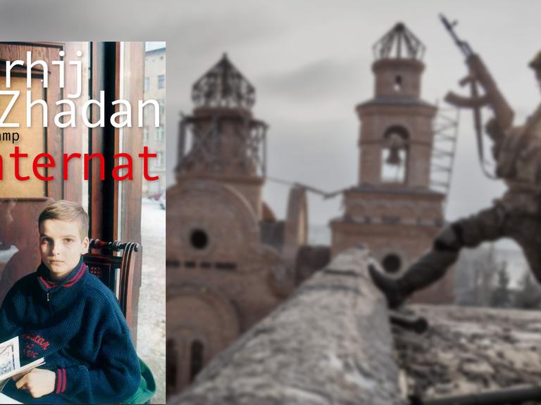 Buchcover "Internat" von Serhij Zhadan, im Hintergrund ein Soldat vor einer zerstörten Kirche in einem ukrainischen Dorf