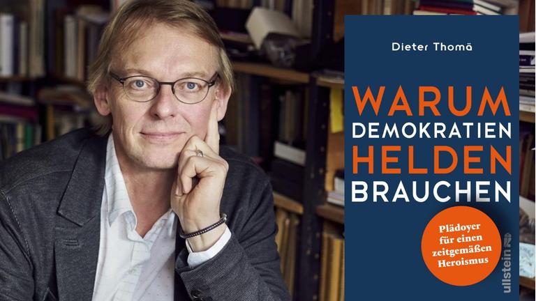 Buchcover "Warum Demokratien Helden brauchen"/ Dieter Thomä im Hintergrund Bücherwande Buchcover "Warum Demokratien Helden brauchen"/ Dieter Thomä im Hintergrund Bücherwande