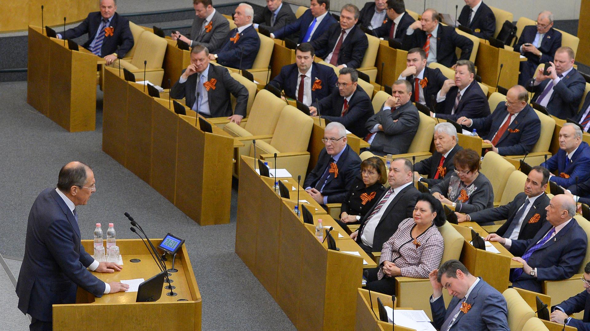 Foreign Minister Sergei Lavrov speaking at the State Duma's extraordinary plenary meeting convened to ratify the Treaty on the Adoption of the Republic of Crimea to the Russian Federation and the Formation of New Subjects. Vladimir Fedorenko