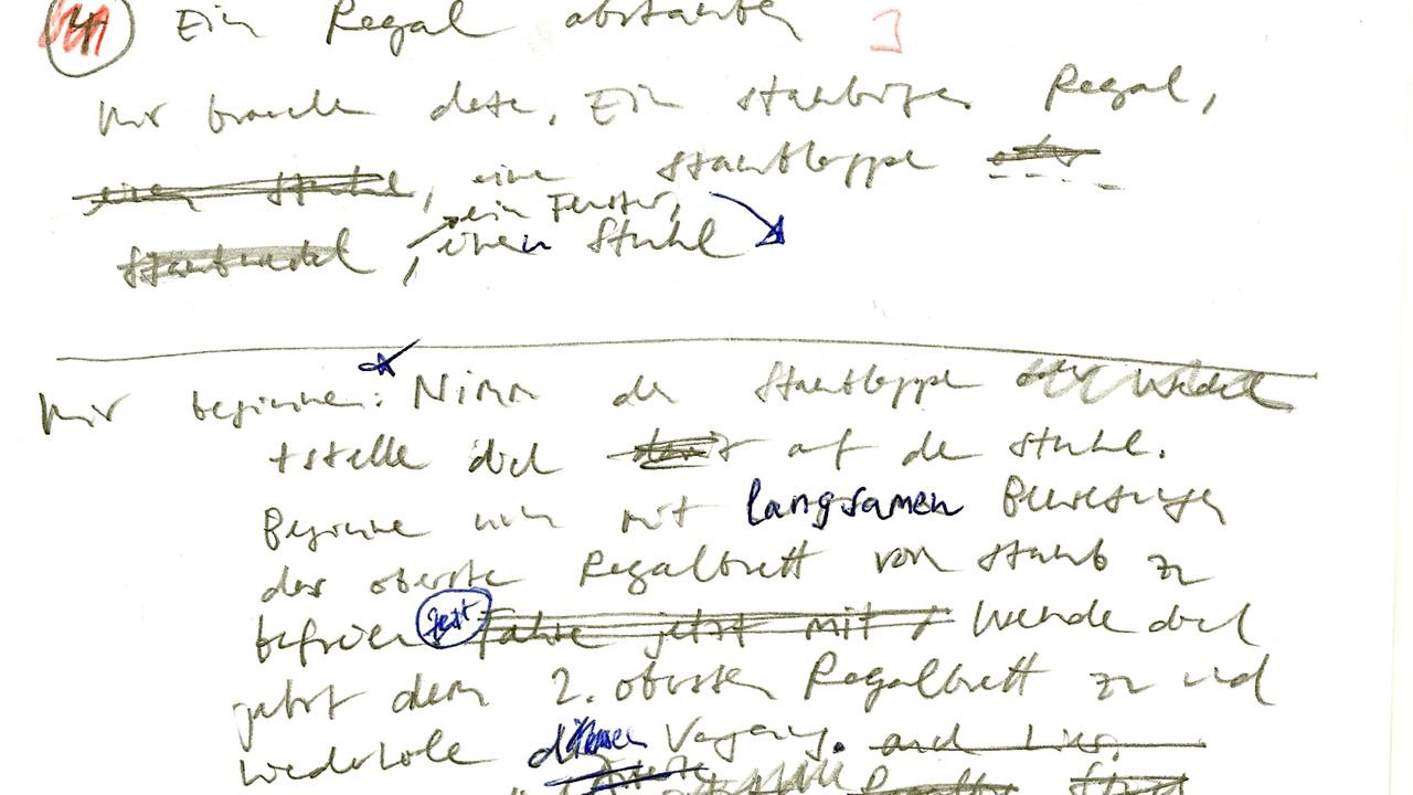 Handschriftliches Manuskript für die Folge "Regal abstauben" der "Echtzeit"-Serie "Analoge Meditationen" Handschriftliches Manuskript für die Folge "Regal abstauben" der "Echtzeit"-Serie "Analoge Meditationen"