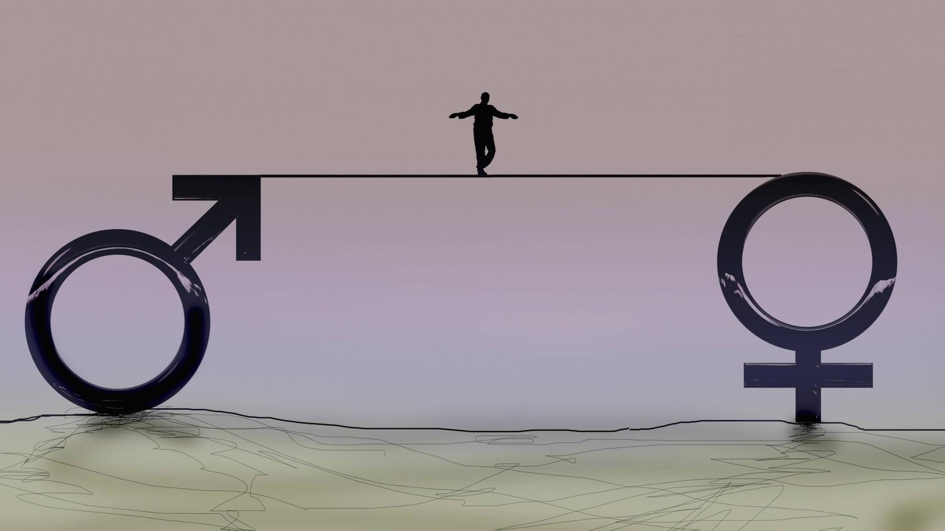 Mann geht auf einem Drahtseil zwischen männlichem und weiblichem Geschlechtssymbol PUBLICATIONxINxGERxSUIxAUTxONLY Copyright: xGaryxWatersx Man is on a Wire rope between male and female PUBLICATIONxINxGERxSUIxAUTxONLY Copyright xGaryxWatersx Mann geht auf einem Drahtseil zwischen männlichem und weiblichem Geschlechtssymbol PUBLICATIONxINxGERxSUIxAUTxONLY Copyright: xGaryxWatersx Man is on a Wire rope between male and female PUBLICATIONxINxGERxSUIxAUTxONLY Copyright xGaryxWatersx