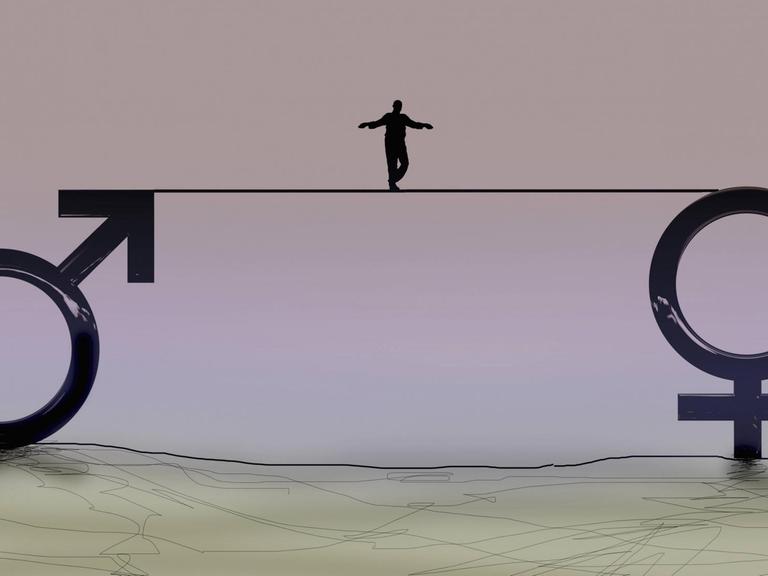 Mann geht auf einem Drahtseil zwischen männlichem und weiblichem Geschlechtssymbol PUBLICATIONxINxGERxSUIxAUTxONLY Copyright: xGaryxWatersx Man is on a Wire rope between male and female PUBLICATIONxINxGERxSUIxAUTxONLY Copyright xGaryxWatersx