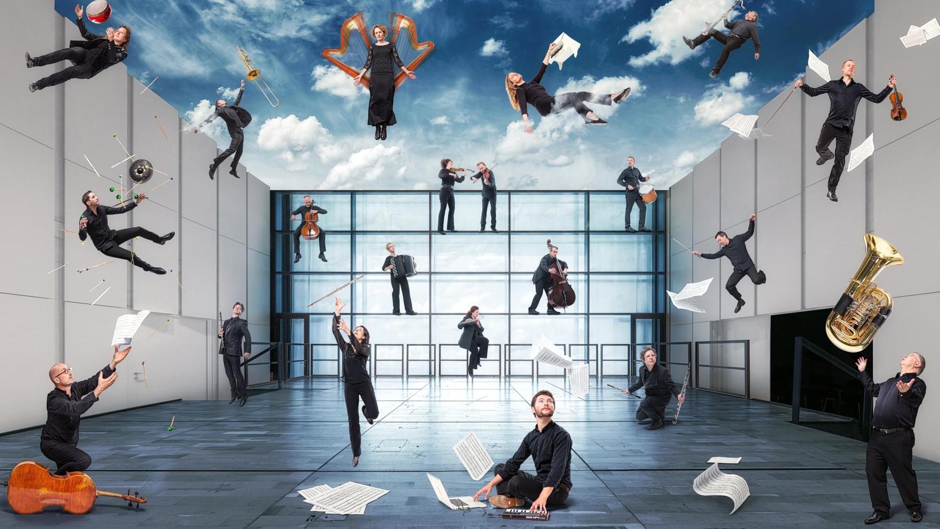 Das Ensemble ist in einer Collage zu sehen, in der die Musiker wild durcheinander sitzen, stehen und fliegen.
