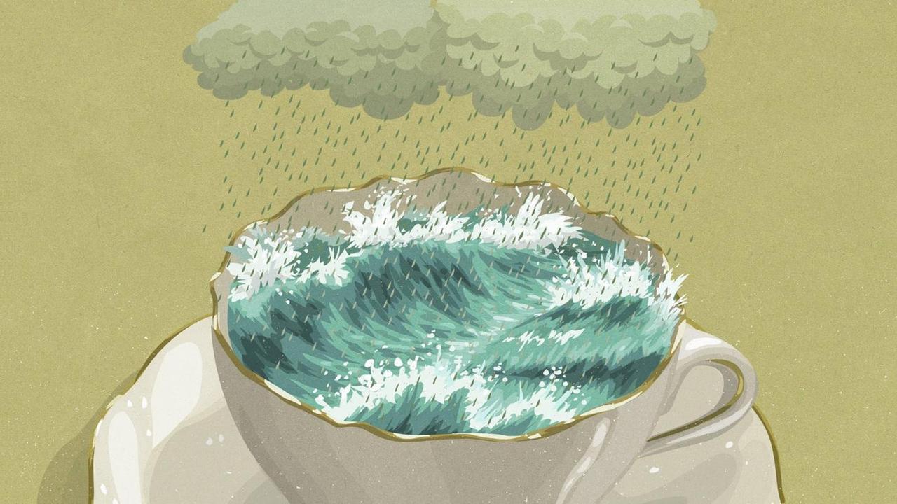 Illustration: Sturm in einer Teetasse. Eine Regenwolke hängt über der Tasse mit stürmischen Wellen als Inhalt.