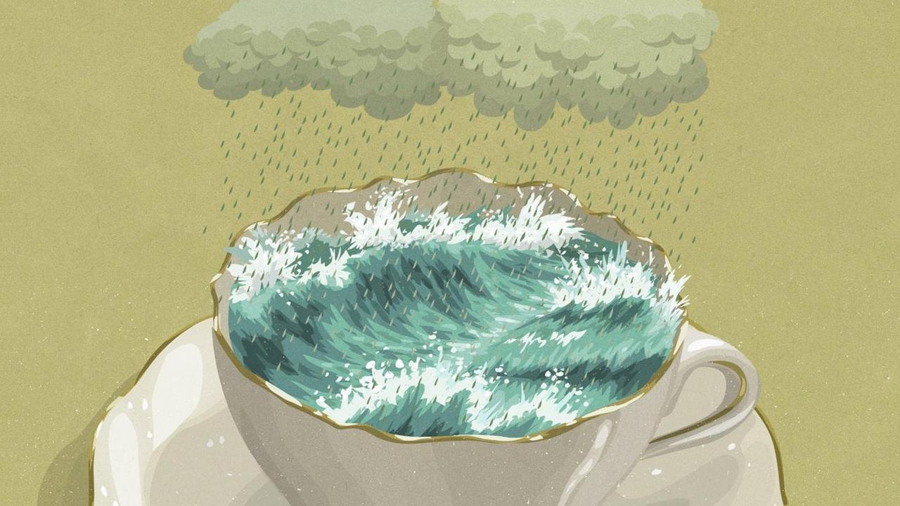 Illustration: Sturm in einer Teetasse. Eine Regenwolke hängt über der Tasse mit stürmischen Wellen als Inhalt. Illustration: Sturm in einer Teetasse. Eine Regenwolke hängt über der Tasse mit stürmischen Wellen als Inhalt.